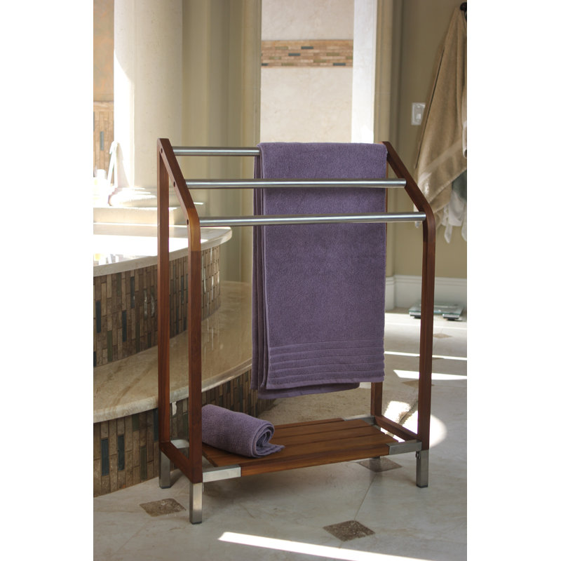 Teak and Stainless Steel Freestanding Towel Stand with Shelf
