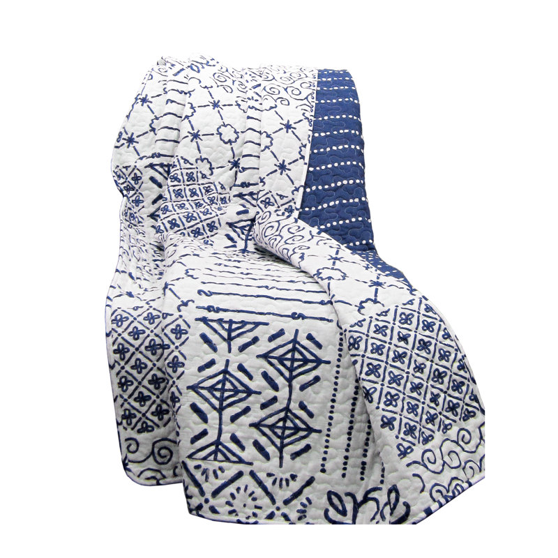 Monique Blue and White Cotton Reversible Throw Blanket