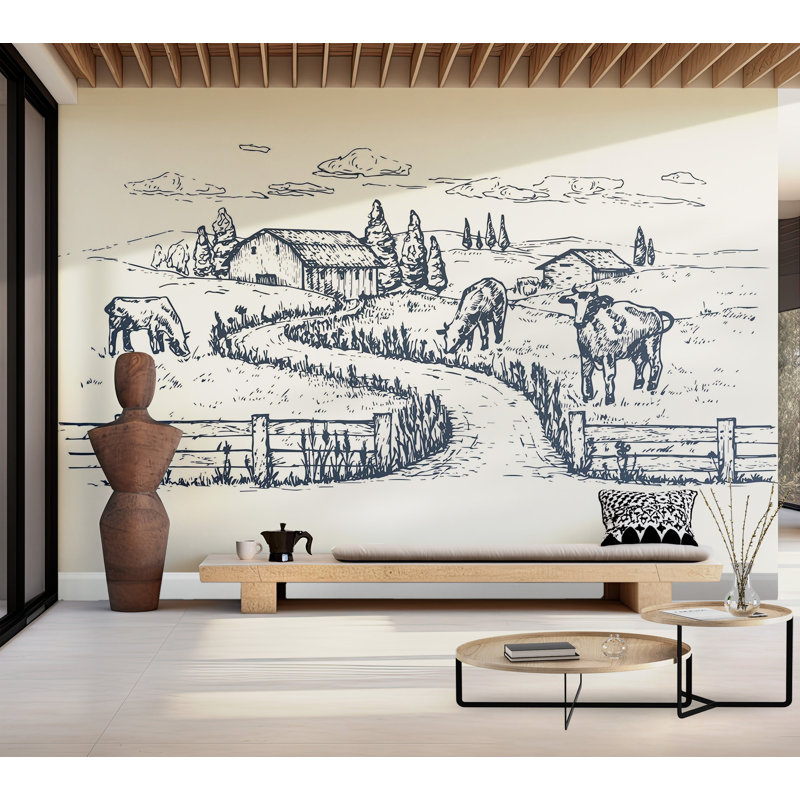 Papier peint de qualité supérieure - croquis de ferme rustique, L 96 po x l 120 po