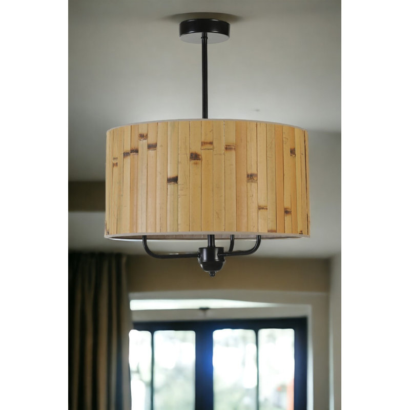 Lustre élégant en métal avec capuchon en bambou, 17,7 po de diamètre x 27,6 po de hauteur | Hauteur réglable, douille E27 (40 W maximum) | Design élégant en chêne et noir, parfait pour les espaces de salle à manger et de salon modernes, classé IP20
