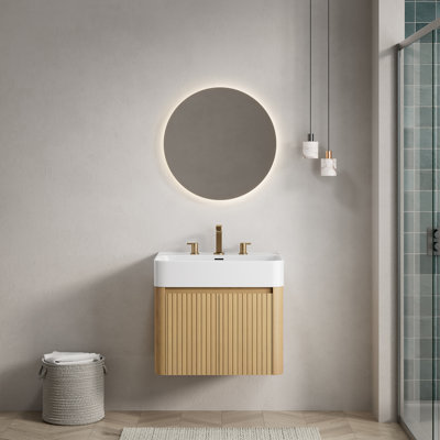 Meuble-lavabo LORAN 48 avec lavabo intégré, meuble de rangement suspendu, lavabo intégré en surface solide blanche brillante avec 3 trous prépercés pour robinetterie, démonté, robinetterie et bonde non inclus, couleur chêne Corolla