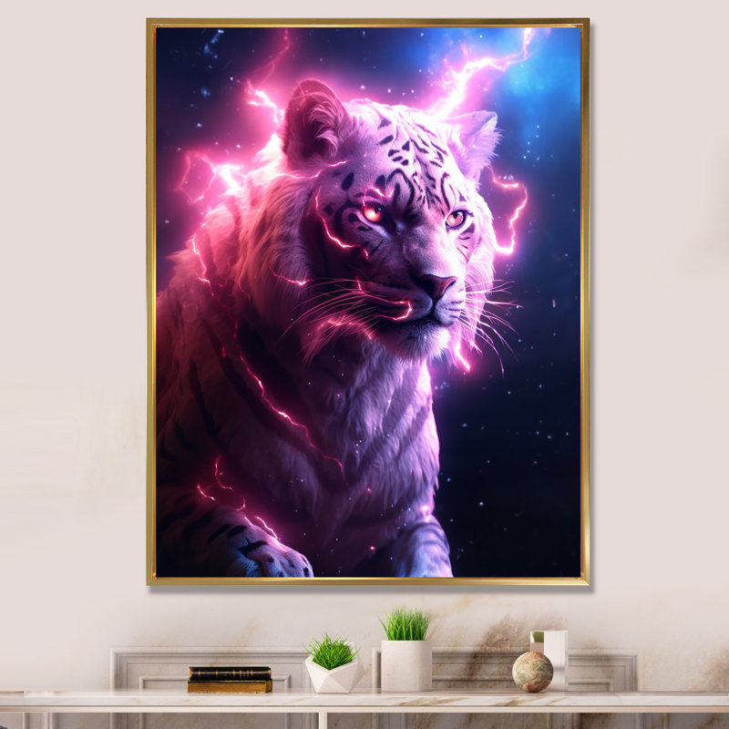 Tigre de rose éclairant sur toile, H 32 po x l 16 po x P 1 po, Cadre flottant doré