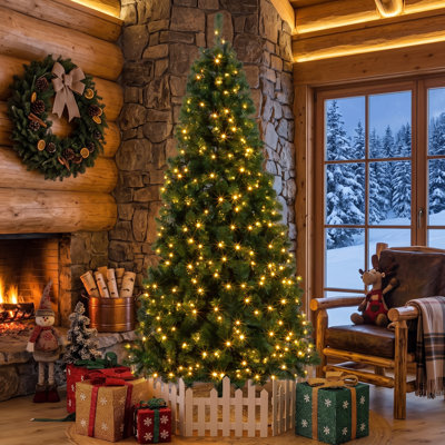 7 ft Lighted Artificial Christmas Tree with 200 Warm LED Lights, 8 Lighting Modes and Remote Control
