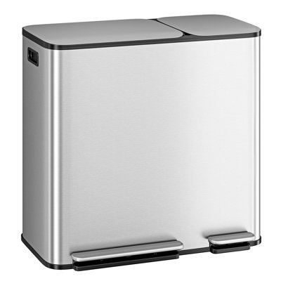 Dual Compartment Kitchen Trash Can 50L+20L – Stainless Steel – Soft Close Lid – Step Pedal – 2 Removable Buckets – Waste & Recycling Bin – Fingerprint Resistant – Brushed Silver Stainless Steel Color