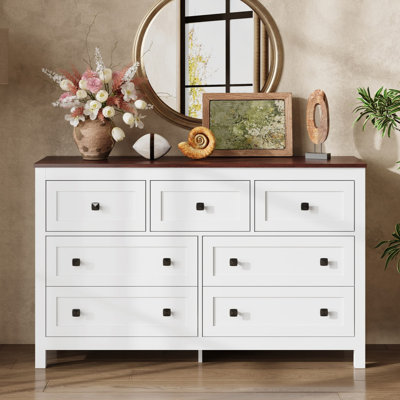 Grantville 51.2'' W 7 - Drawer White Dresser for Bedroom, Large Storage Wood Dresser with Solid Legs, TV Stand Dresser for 65'' TVs, Modern Clothes Organizer with Rustic Brown Wooden Top for Living Room, Hallway