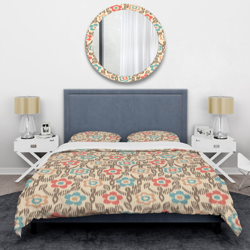 Ikat rose et brun - ensemble de housse de couette abstrait - microfibre de polyester