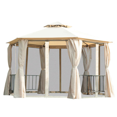 Pavillon de jardin 13 'x 13', abri de jardin à toit hexagonal double avec filet et rideaux, structure en acier massif pour le jardin, la pelouse, la cour et la terrasse, beige