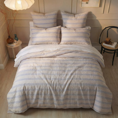 100% Cotton Double Gauze Striped Duvet Cover Set Fine Stripe Pattern Soft Breathable Cotton Bedding Set Modern Romantic 3 Piece Quilt Duvet Set for All Seasons