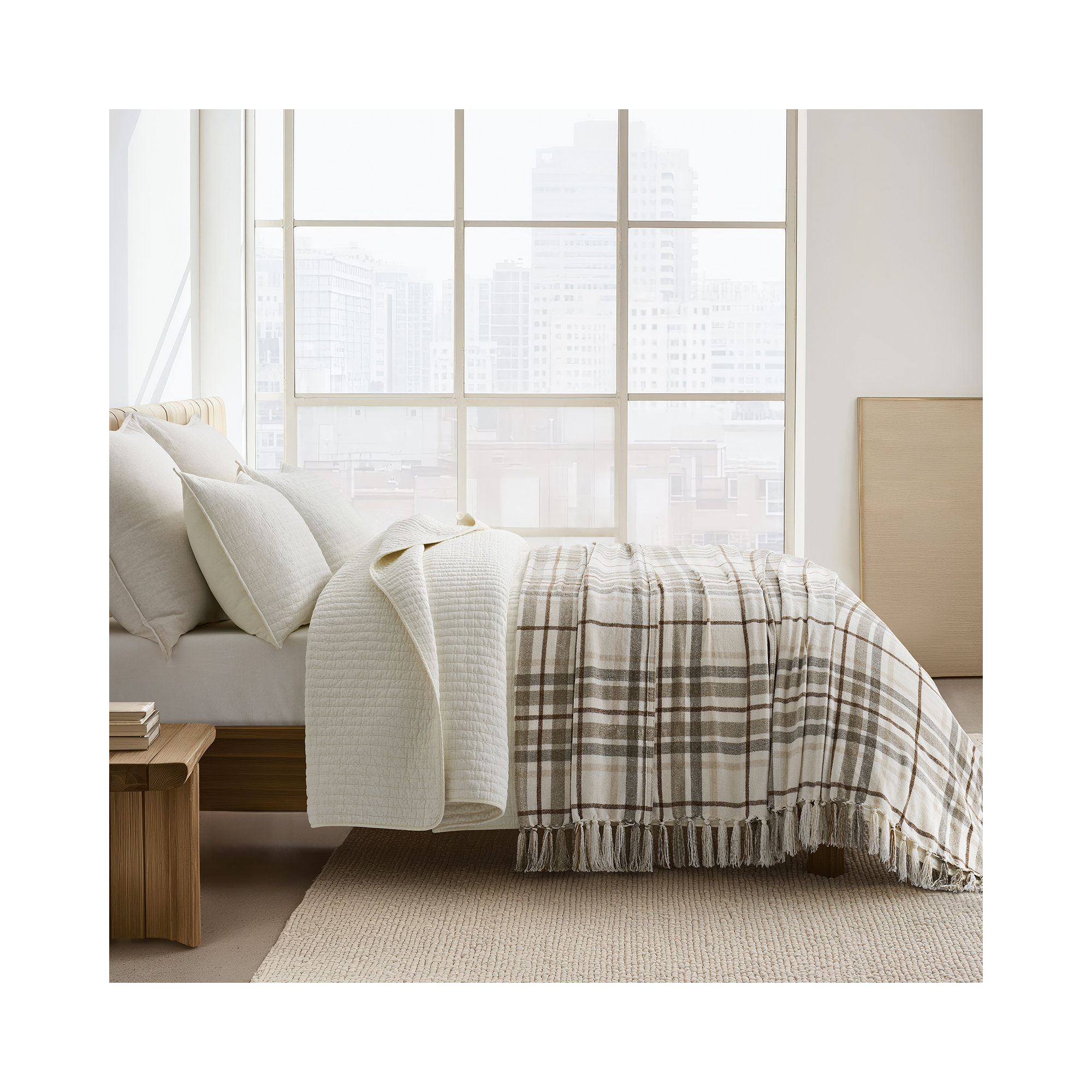 Soft Chenille Throw Blanket, 90" L x 90" W, Beige/White Plaid