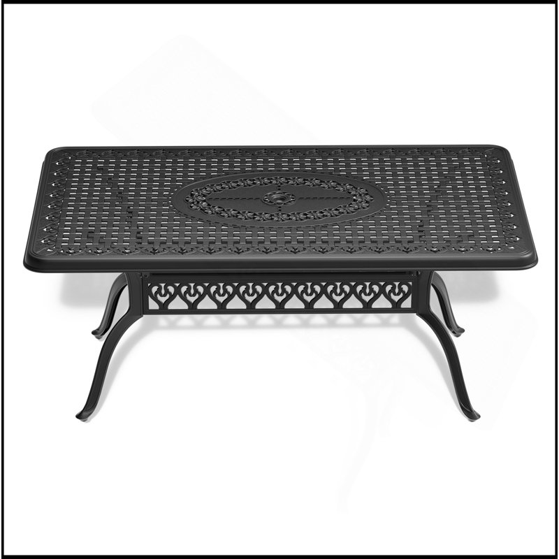 Table de salle à manger en aluminium coulé durable avec cadre noir, trou pour parasol et finition résistante aux intempéries pour les réceptions à l'extérieur