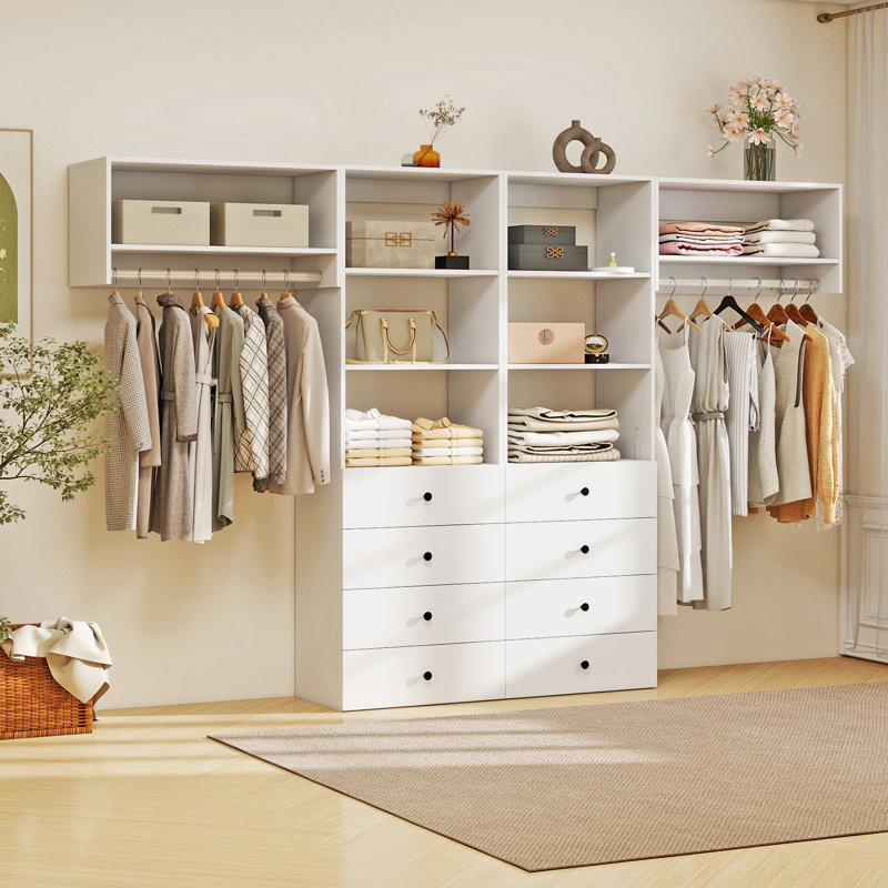 Système d'organisation modulaire en bois blanc avec 2 tringles, 8 tablettes et 8 tiroirs