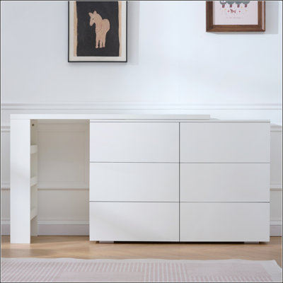 6-Drawer L-Shaped Vanity Dresser Combo with Extendable Desk, Wide Desktop & Deep Storage for Bedroom and Dressing Room