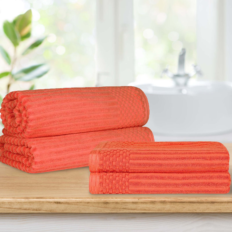 Ribbed Cotton Absorbent Heavy Weight 2 Pc Bath Sheet and 2 Pc Bath Towel Set, Coral