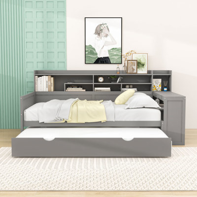 Wooden Daybed with Storage Shelves, Twin Trundle and Study Desk by Lark Manor