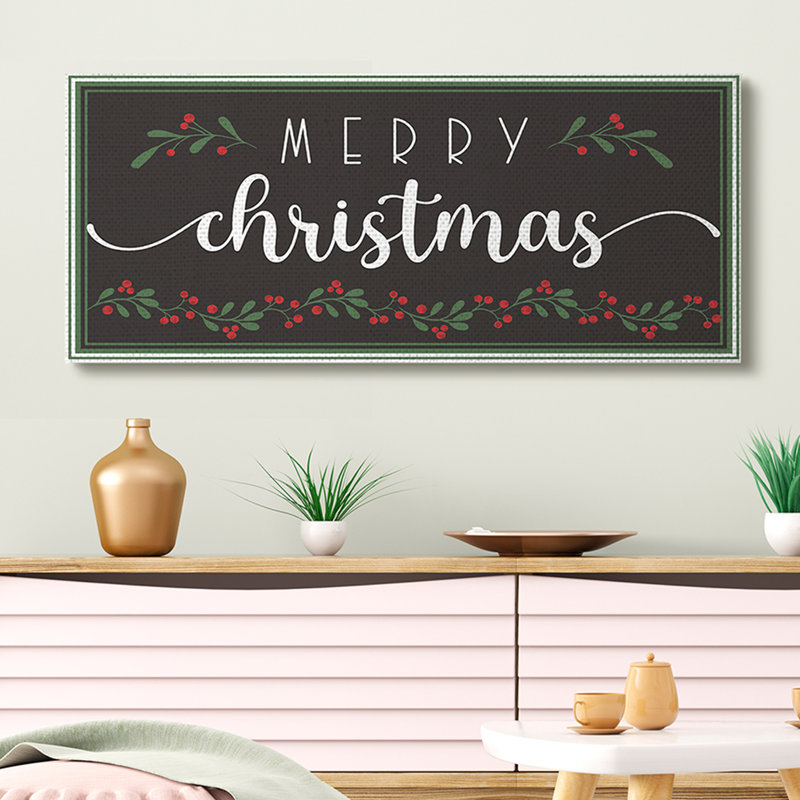 «Merry Christmas» sur un houx festif noir, H 10 po x l 24 po, Toile tendue