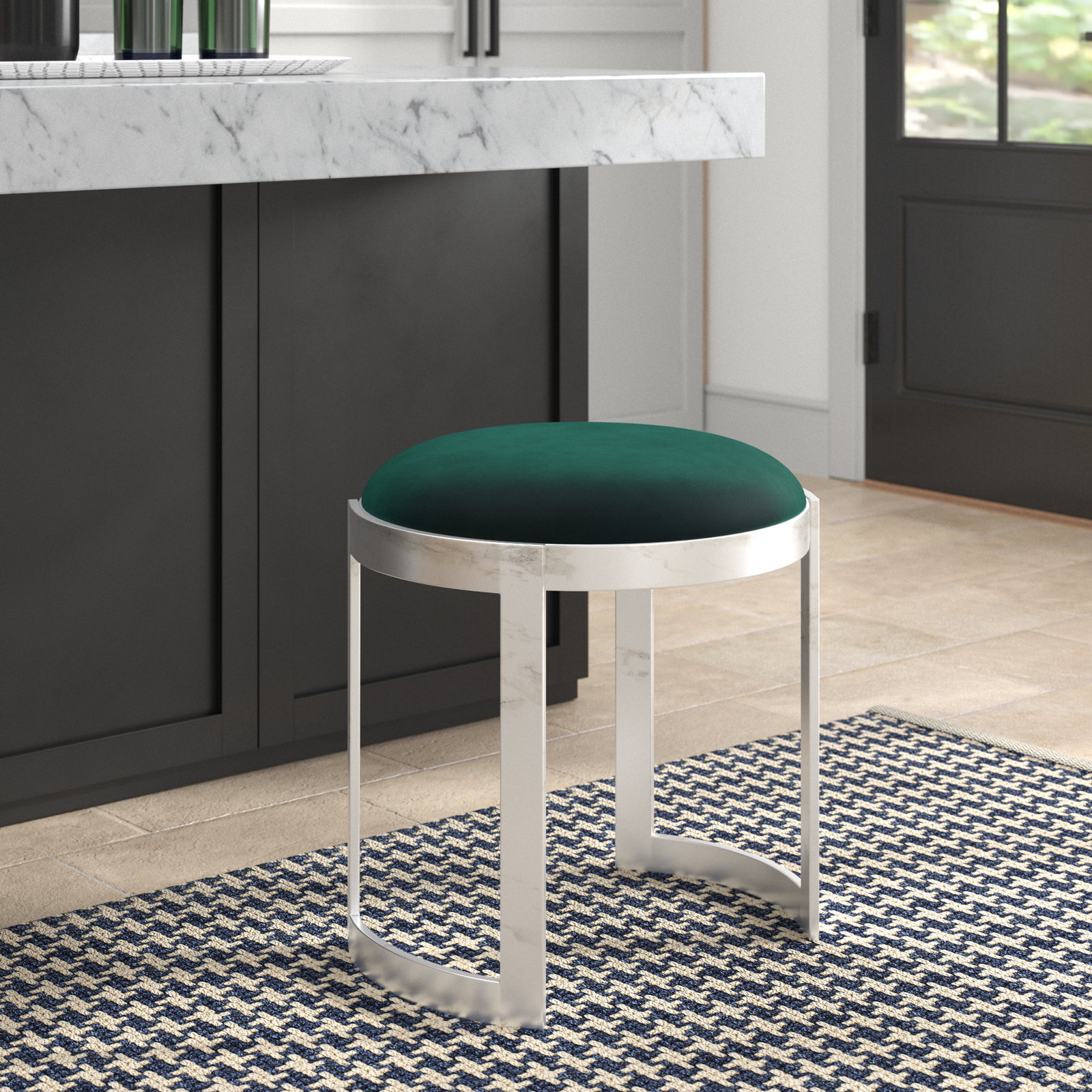 Nouri Velvet Vanity Stool, Green Velvet, Silver