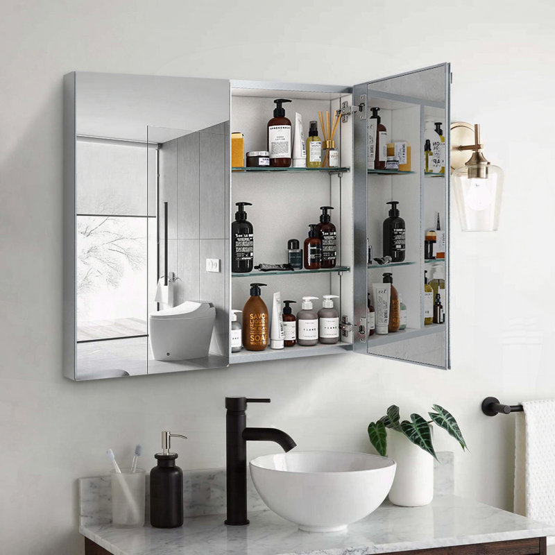 30x26 Inch Double Door Aluminum Medicine Cabinet with Soft-Closing Hinges & Invisible Handle