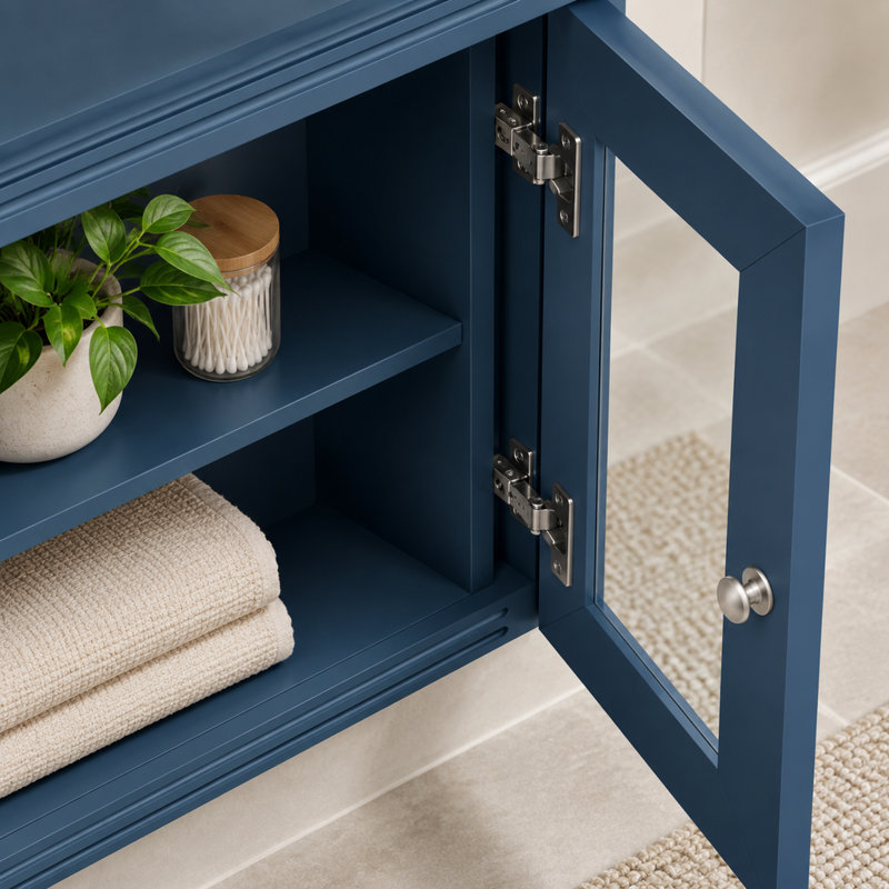 Armoire de salle de bain murale bleue avec miroirs, 91 x 72,5 cm, bois massif et MDF, 2 tablettes réglables