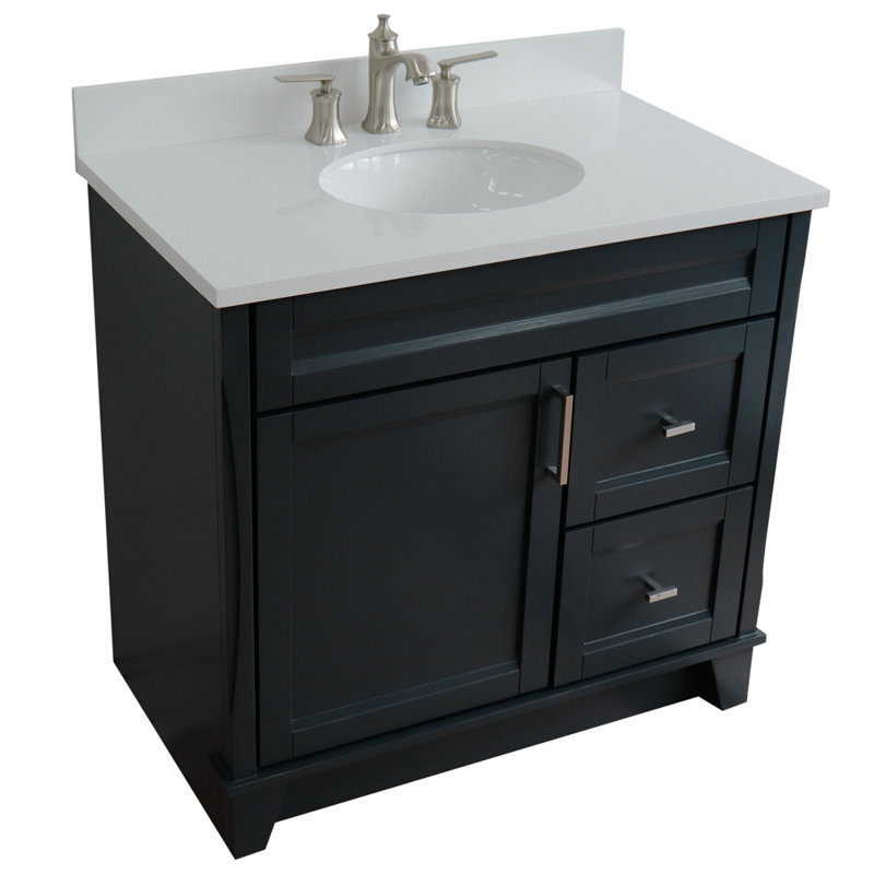 Amedea 37'' Single Bathroom Vanity with Top, Dark Gray, White Quartz