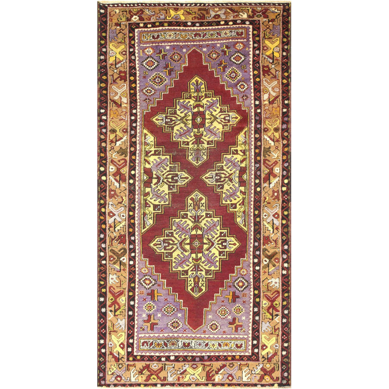 Tapis unique en laine noué à la main de style années 1960 de 3 pi 7 po x 7 pi en rouge / jaune / mauve / noir