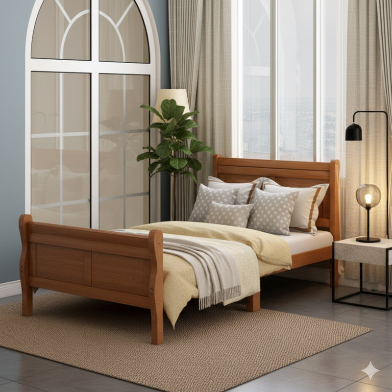Structure de lit simple en bois avec sommier et sommier, lit de style traîneau avec tête de lit et pied de lit / système de support à lattes en bois