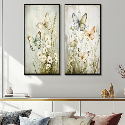 Soft Color Spring Playful Butterflies I - Butterfly Animal Wall Art Set of 2