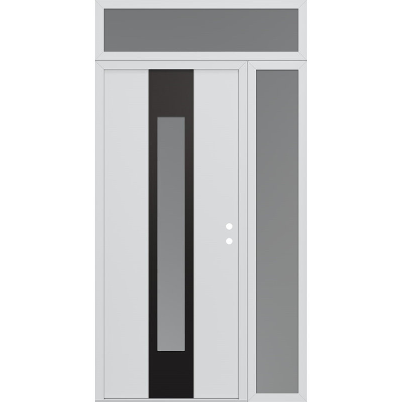 Porte d'entrée pré-suspendue en acier noir avec panneau latéral droit et traverse gauche, L 51,25 po x H 95,69 po
