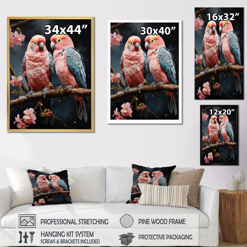 Whimsical Whispers Love Birds sur impression sur toile, Cadre photo noir simple, H 40 po x l 30 po x P 1,5 po