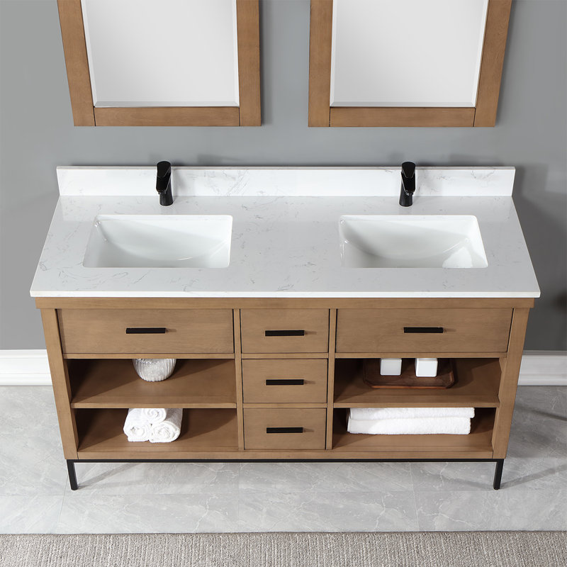 60 " W Freestanding Standard Free Standing 2 Double Vanity Bathroom Vanity With Cultured Marble Top with Mirror, White