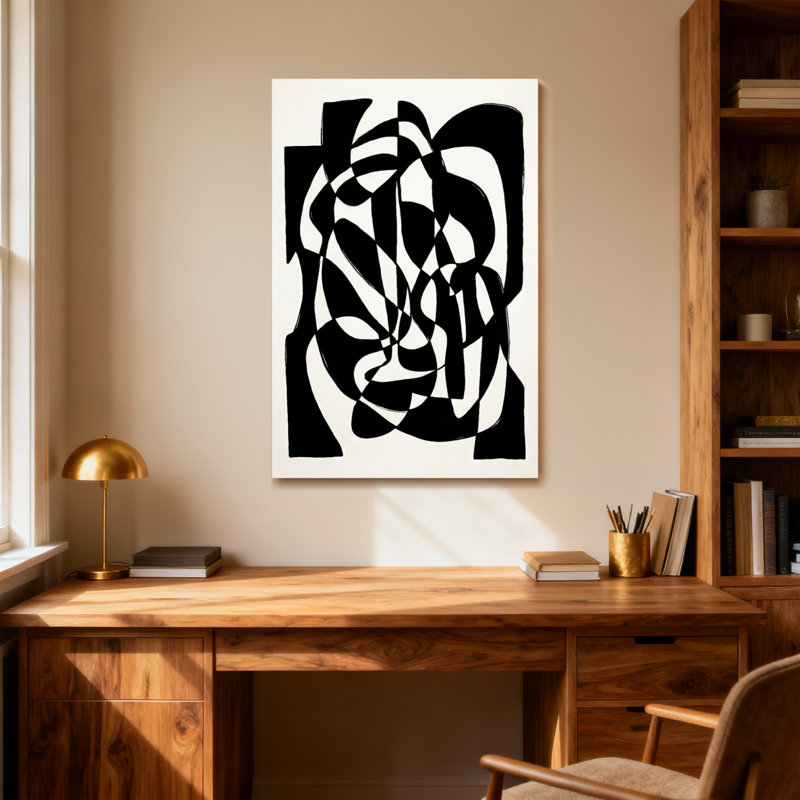Motif de lignes courbes abstraites en noir et blanc, H 18 po x l 12 po
