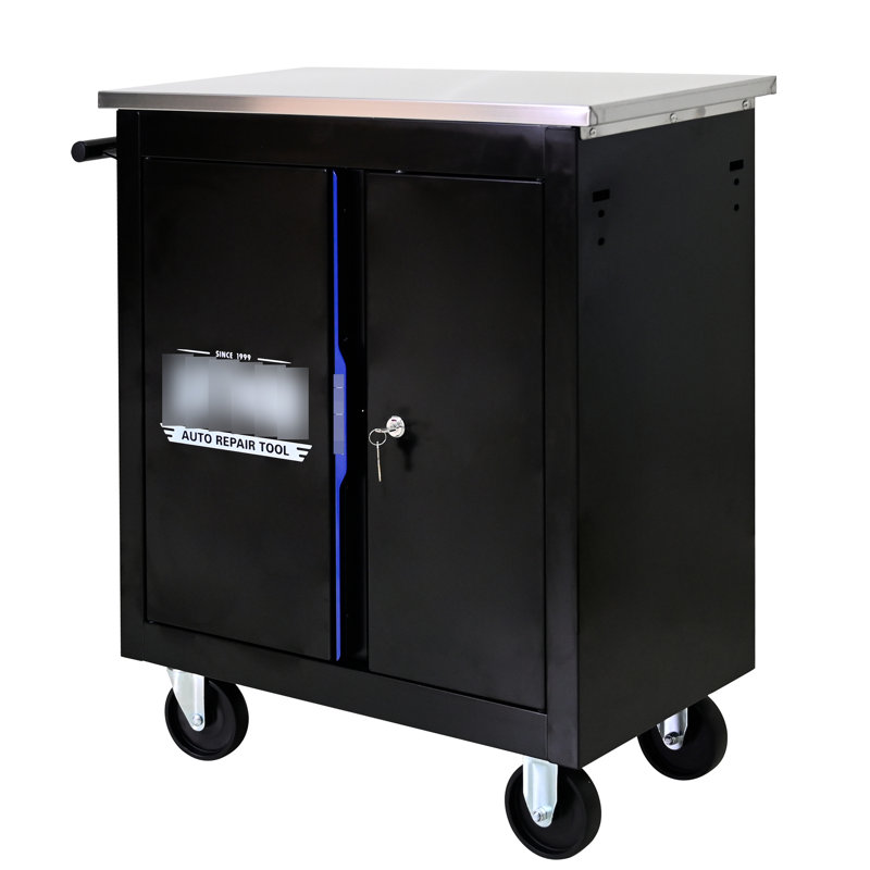 Chariot à outils à double porte avec comptoir en acier inoxydable et 2 freins noir + armoire bleue 4 25,88 pouces de hauteur