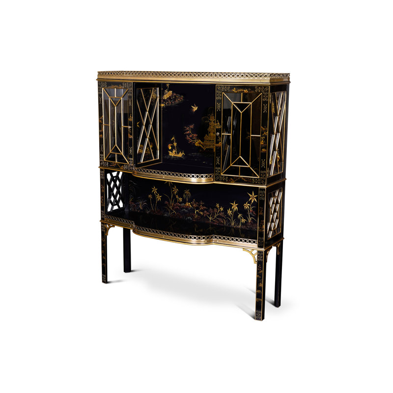 Chinoiserie Black and Gold Lacquered Wood Bar Cabinet