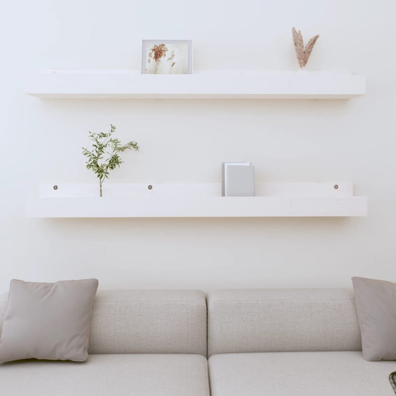 Wall Shelves 2 Pcs Solid Wood Pine, White, 9cm H x 110cm W x 12cm D