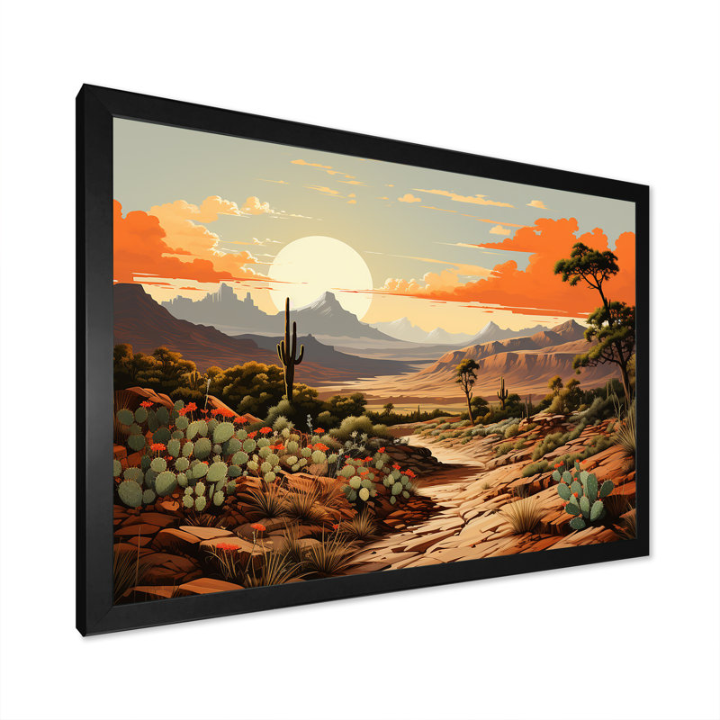 Cactus charme dans un paysage de montagne sur toile, Cadre simple noir, H 34 po x l 44 po x P 1,5 po