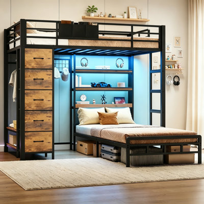 Lits superposés avec rangement pour bibliothèque et arbre d'entrée et 5 tiroirs sous le lit, lit capitaine en métal avec garde-corps