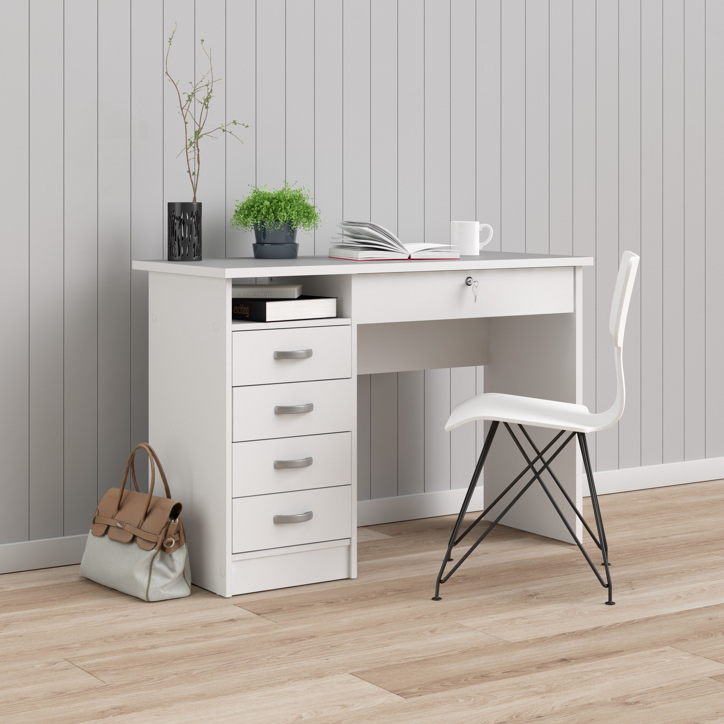 WiberWi Computer Desk with Drawers and Hutch, 43.3 inch White Home Office Desks  Small Makeup Vanity Desk Table with Storage for Small Spaces Bedroom,  Writing Desk Study Table 