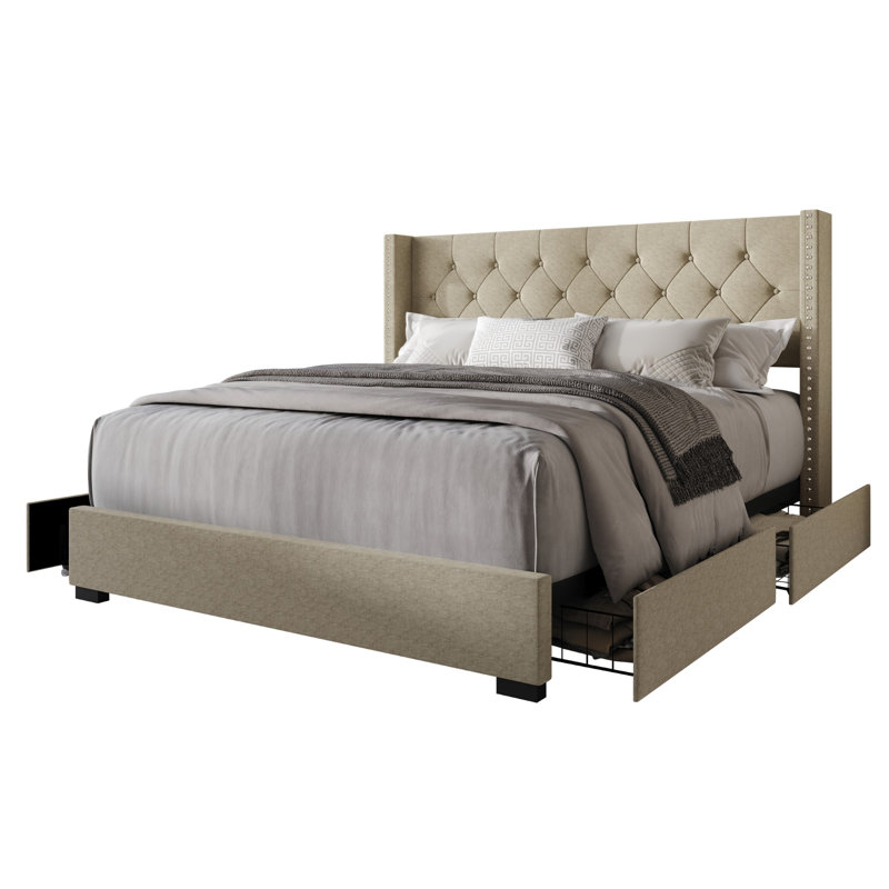 Sauger Upholstered Wingback Storage Bed, Dark Beige, King