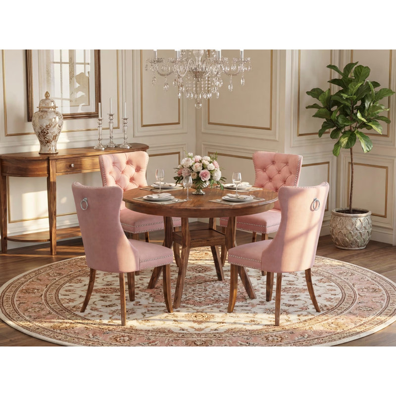 Ensemble de salle à manger 5 pièces contenant une table de salle à manger en bois et 4 chaises de salle à manger Parson en tissu de polyester beige rouge avec dossier capitonné, noyer antique