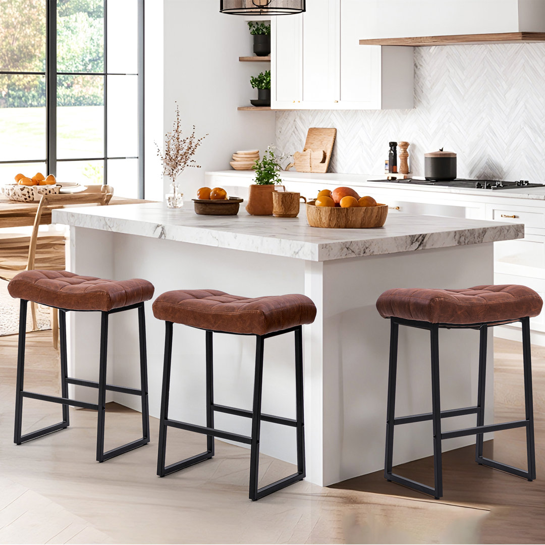 24" Modern Backless Saddle Counter Height Bar Stools With Metal Frame for Kitchen Island (Set of 3) 17 Stories Seat Color/ Frame 