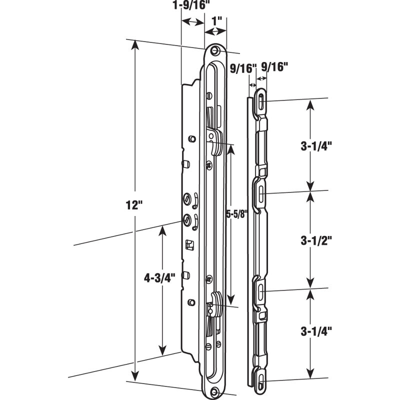 Multi-Point Mortise Latch And Keeper, 12 In. Mounting Holes, 17.38" H x 3.82" W x 1" D