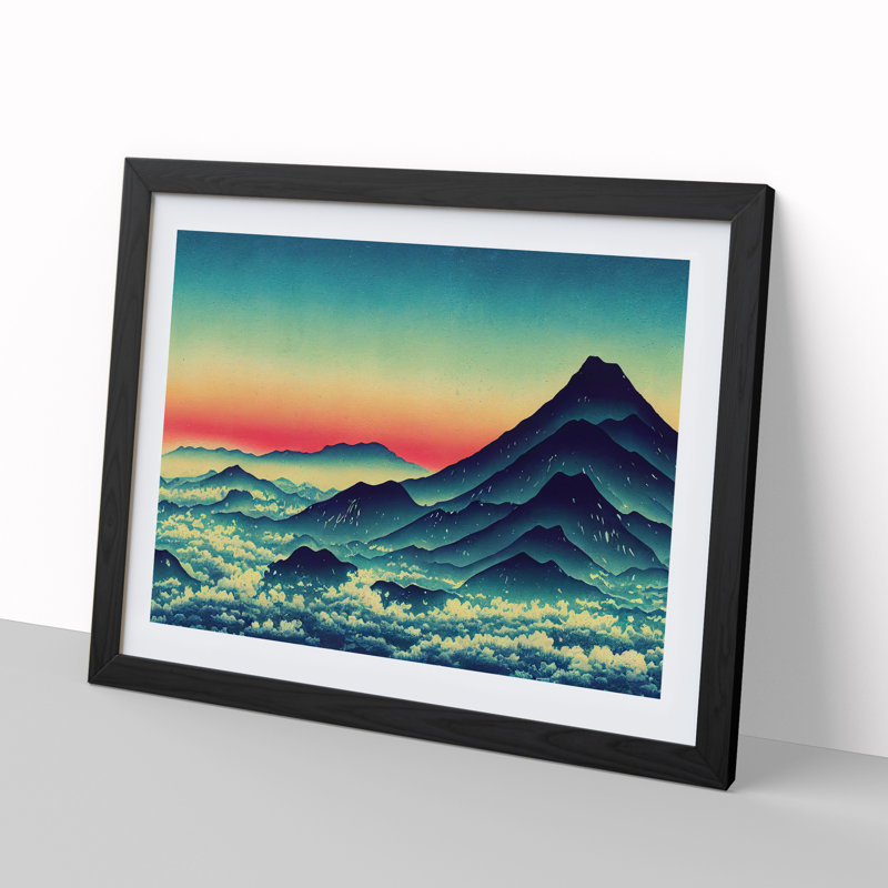 XH1022-8612X Sunset Japanese Mountain Painting Vol.4 - Single Picture Frame Print, Black Framed, 34cm H x 46cm W x 2cm D