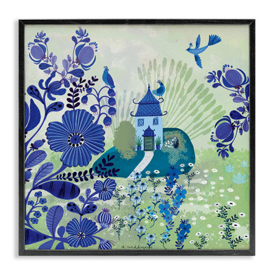 Giclée encadrée de jardin bleu fantaisiste, design par Kay Widdowson