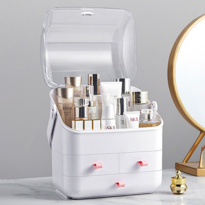 Skincare Organizers Makeup Organizer Large Dust Water Proof Cosmetic Display Cases with Transparent Cover and 2-Tier Drawers Portable For Brushes Lipsticks Jewelry in Bathroom Countertop Bedroom White