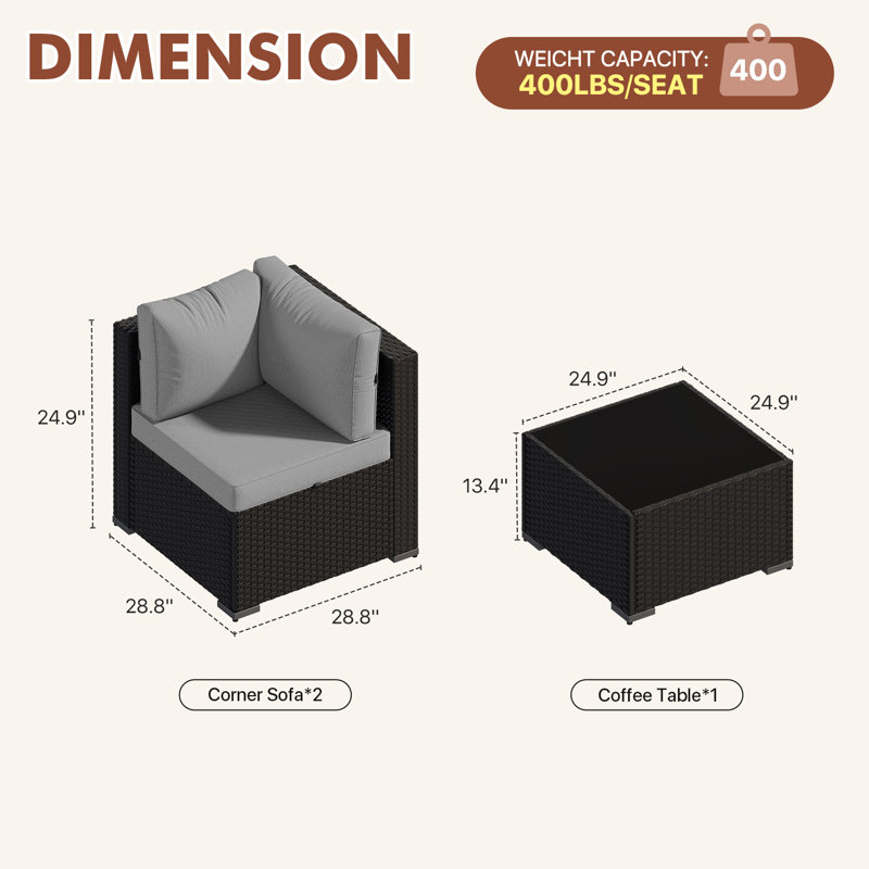 Patio Safo pour 3 personnes avec coussins, Gris clair, Noir