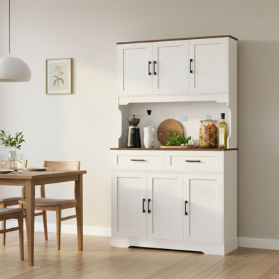 Grand buffet blanc avec armoire supérieure Armoire de cuisine avec support pour micro-ondes et tiroirs; Armoire de rangement polyvalente à grande capacité pour le salon et la salle à manger.