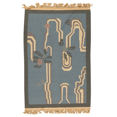 Tapis bleu clair et gris noué à la main de haute qualité