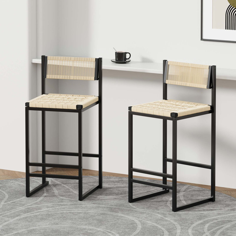 Ensemble de 2 tabourets de bar tissés avec dossier en corde de papier pour l'îlot de cuisine