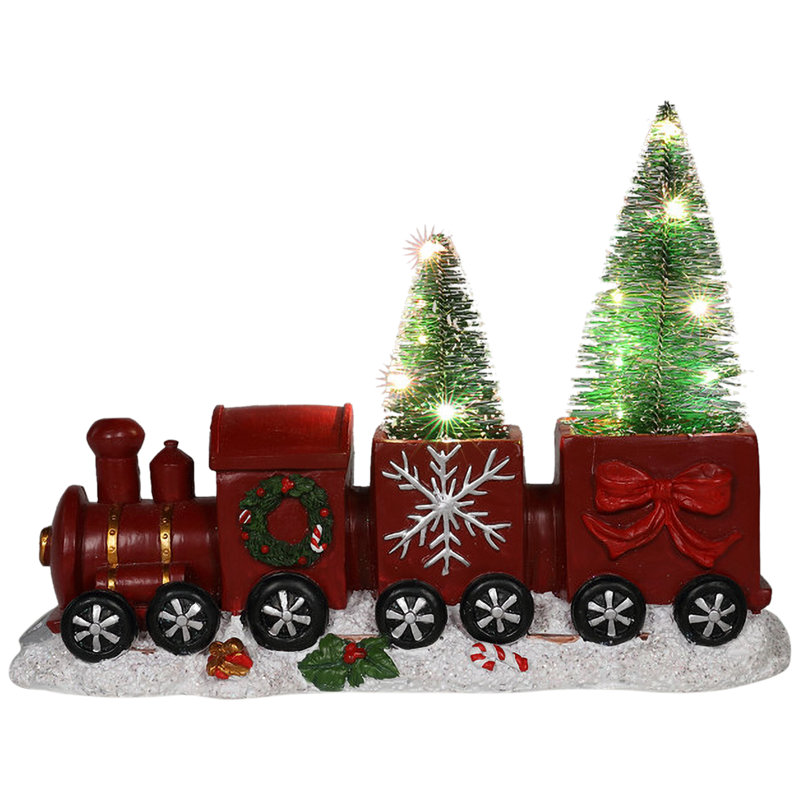Décoration de table 12 "train de Noël rouge et or avec arbres givrés éclairés à DEL