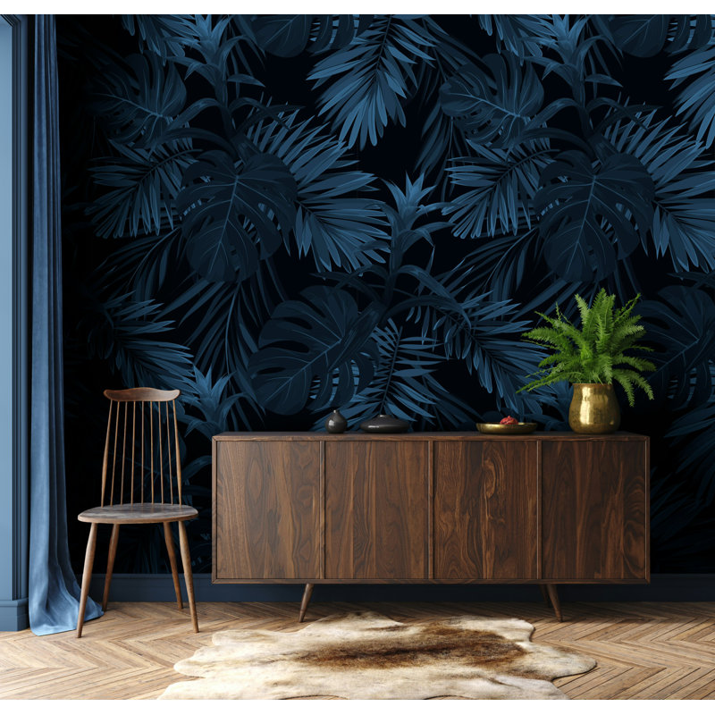 Navy Tropical Palm Leaf Wallpaper on Black, 75"L x 112"W