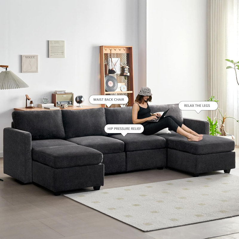 Canapé modulaire rembourré Jaiwan, Lin gris foncé